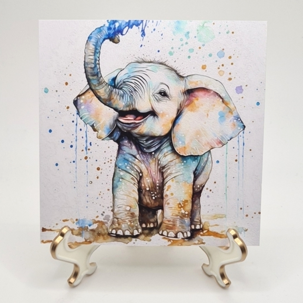 4x6 Baby Elephant Watercolor Oil Painting Art Print - Picture 2 of 7